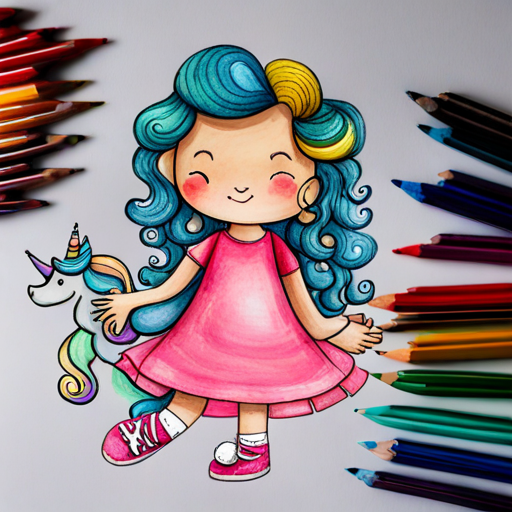 Curly-haired girl with a pink dress and sneakers and White unicorn with a rainbow-colored mane happily together