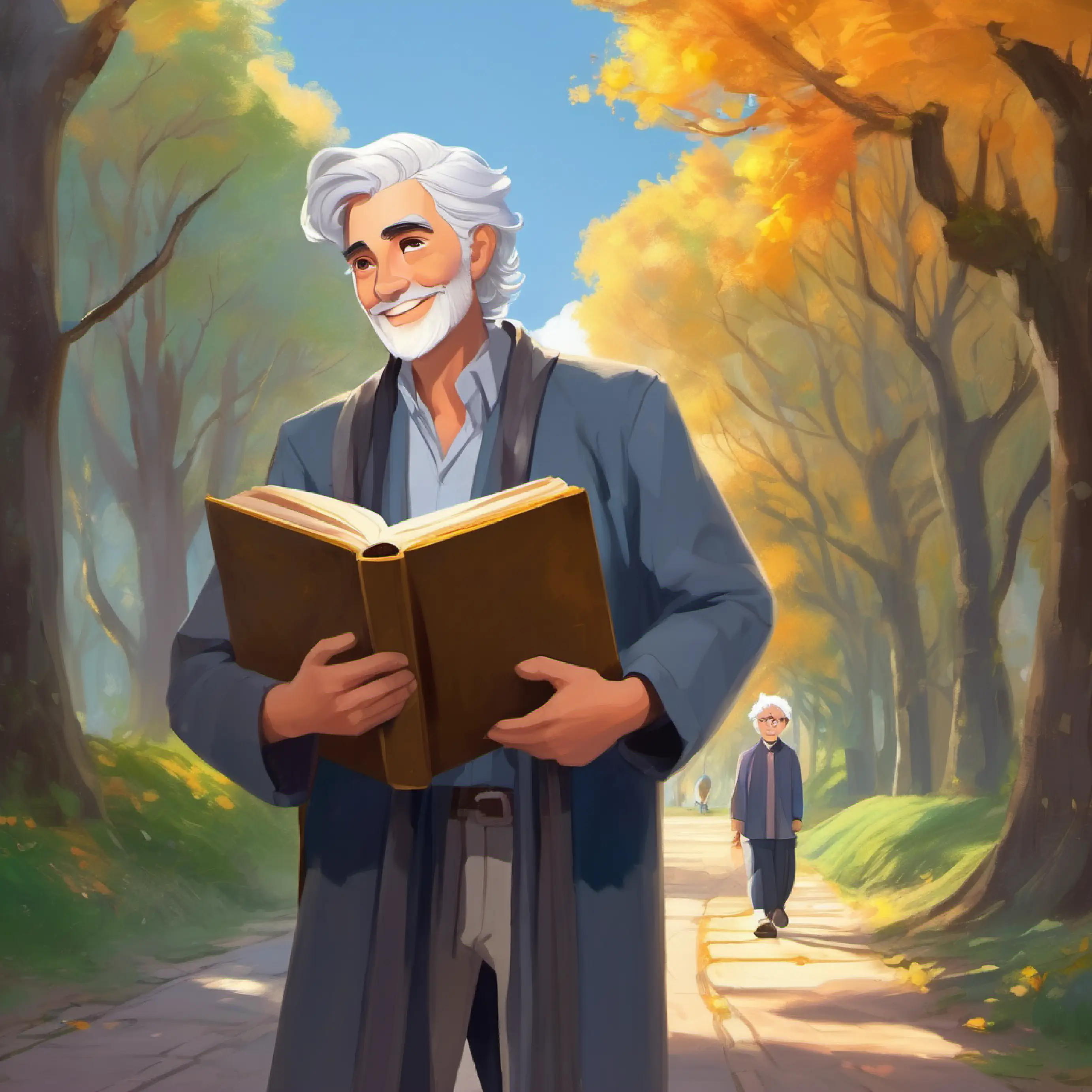 Young man, not tall, bright eyes, hopeful meets Silver hair, wise eyes, carries a big book, smiling, his wise and silver-haired mentor.