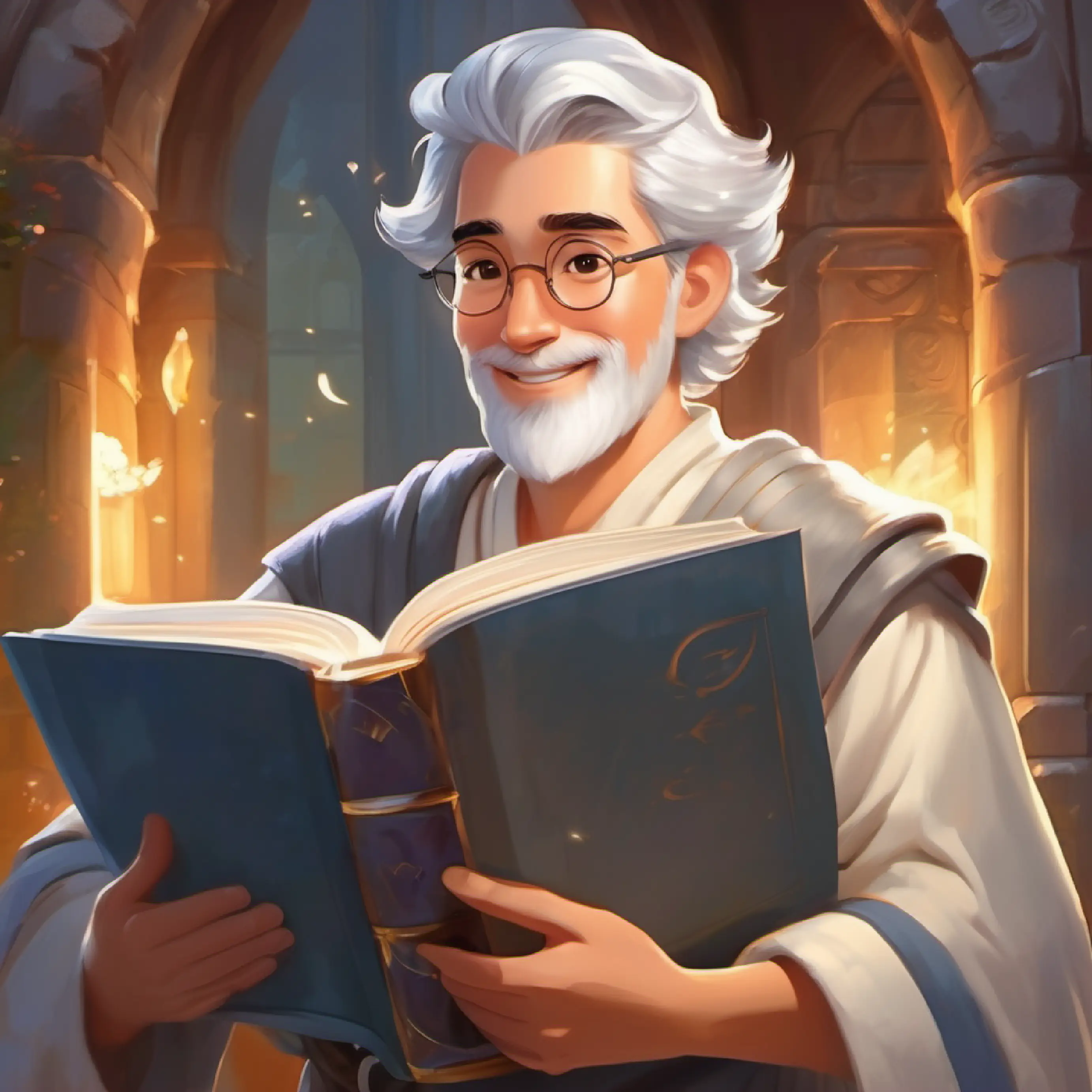 Silver hair, wise eyes, carries a big book, smiling teaches Young man, not tall, bright eyes, hopeful about bravery and hope, imbuing Christian values.