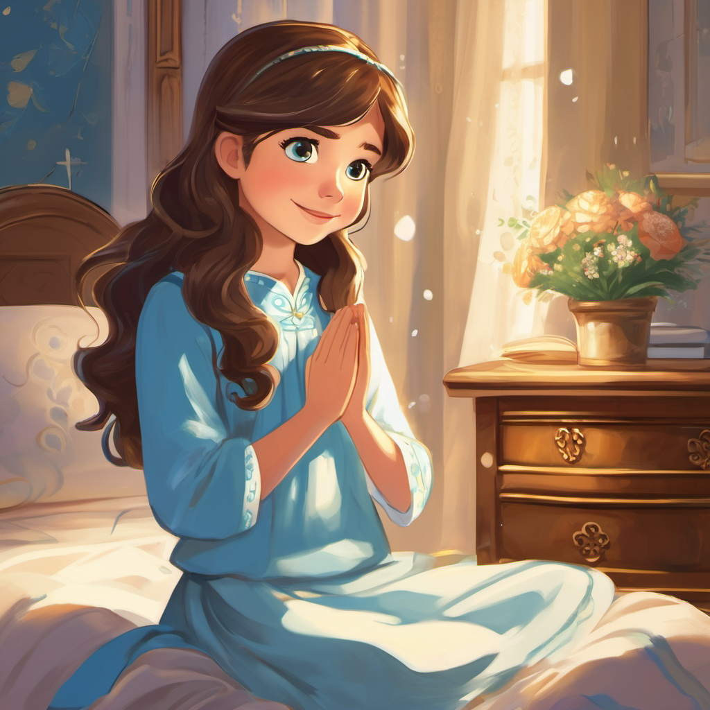 Zara is a young girl with brown hair, sparkling blue eyes, and a big smile is a young girl with brown hair, sparkling blue eyes, and a big smile. She is kneeling beside her bed, with her hands clasped and her eyes closed, praying to God. Above her, a golden light is shining down, representing God's presence.