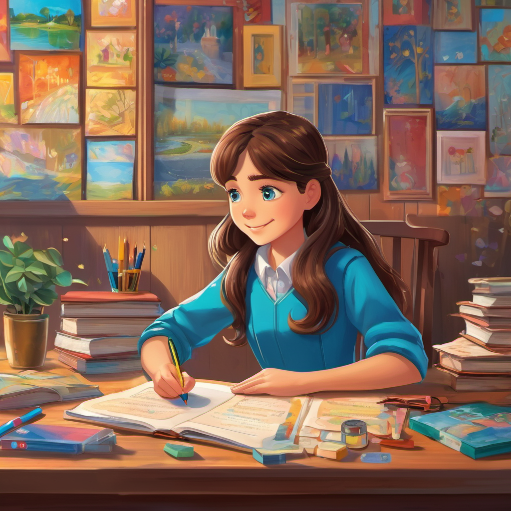 Zara is a young girl with brown hair, sparkling blue eyes, and a big smile is sitting at her desk, surrounded by pictures of her family, friends, and people in need. She has her eyes closed and her hands folded, with a peaceful expression on her face. Above her, the words 'Kindness' and 'Compassion' are written in bold, colorful letters.