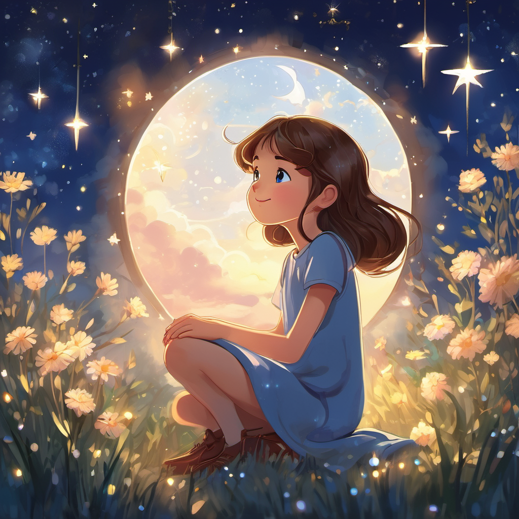 Zara is a young girl with brown hair, sparkling blue eyes, and a big smile is kneeling beside her bed, looking up at the night sky filled with stars. A gentle breeze blows, symbolizing peace and serenity. Above her, the words 'Faith' and 'Love' are written in sparkling letters.