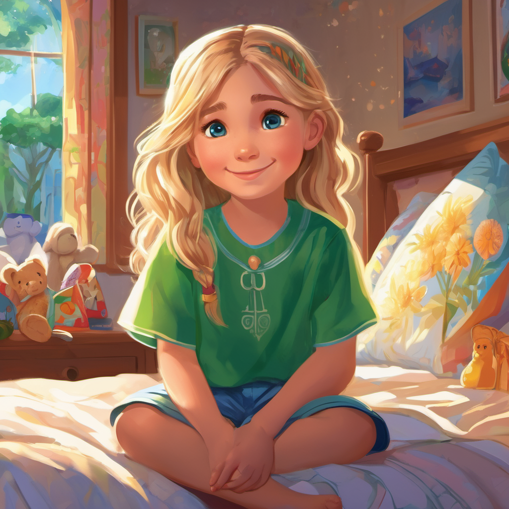 Zara is a young girl with brown hair, sparkling blue eyes, and a big smile is sitting in her bedroom, surrounded by pictures of Mia is a young girl with blonde hair, bright green eyes, and a hopeful smile and her family. She has a determined expression on her face as she prays for Mia is a young girl with blonde hair, bright green eyes, and a hopeful smile's healing. Above her, a ray of light is shown, representing hope and faith.