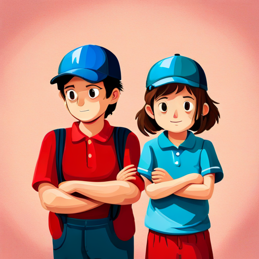 Niño con camiseta azul y gorra roja y Niña con pelo rizado y mochila rosa jugando a investigadores