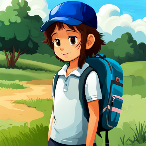 Niño con camiseta azul y gorra roja, Niña con pelo rizado y mochila rosa y la directora del colegio hablando seriamente