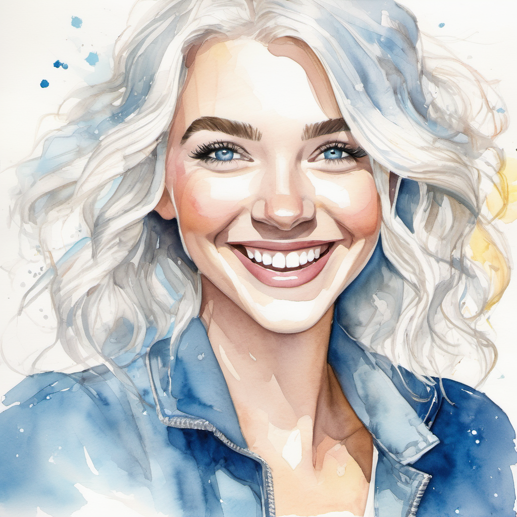 A colorful illustration of White girl with white hair and sparkly blue eyes with a big smile on her face, looking happy and excited