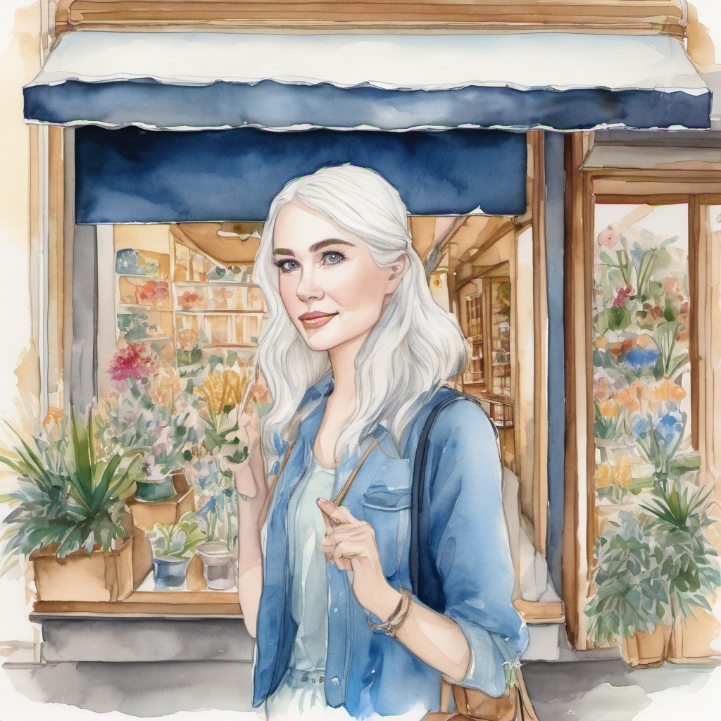 White girl with white hair and sparkly blue eyes standing outside a shop window, pointing at the bamboo hat inside. The shop has pretty flowers outside, and there are other people walking by on the street.