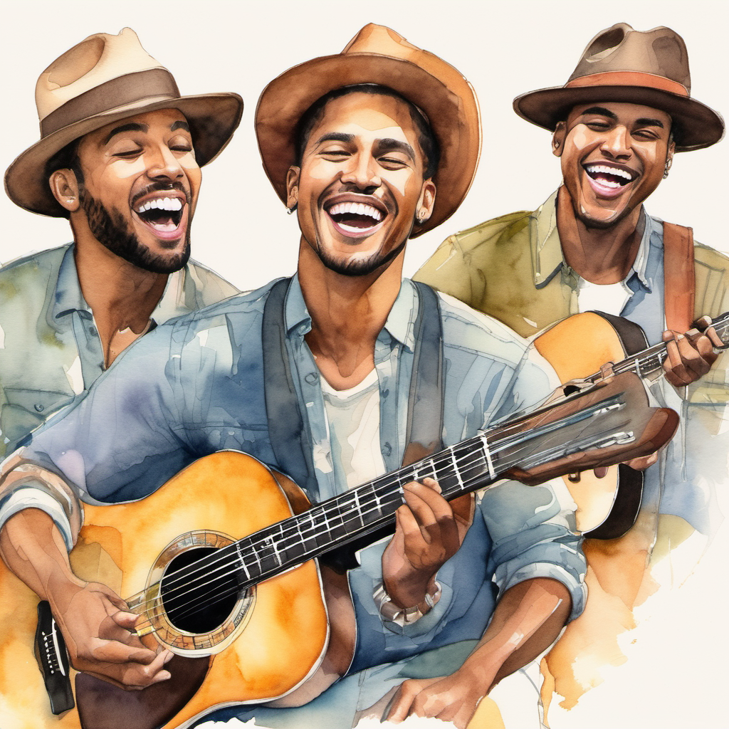 Four men with tan skin, wearing hats and holding guitars, are singing and playing music. They have big smiles on their faces and look very passionate about their music.