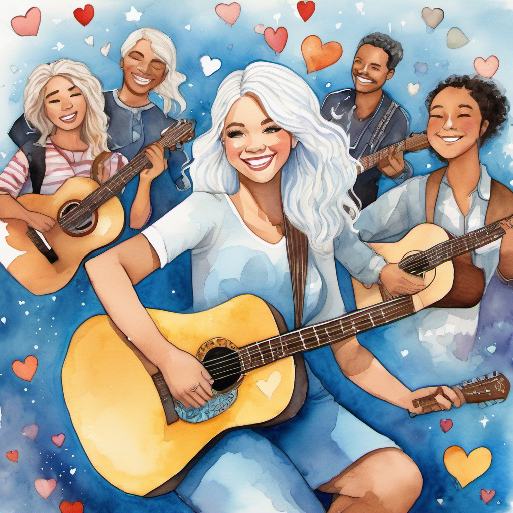 White girl with white hair and sparkly blue eyes is shown with a big smile on her face, surrounded by the girls with tan skin and the men playing guitars. The illustration has little hearts all around, symbolizing empathy and happiness.