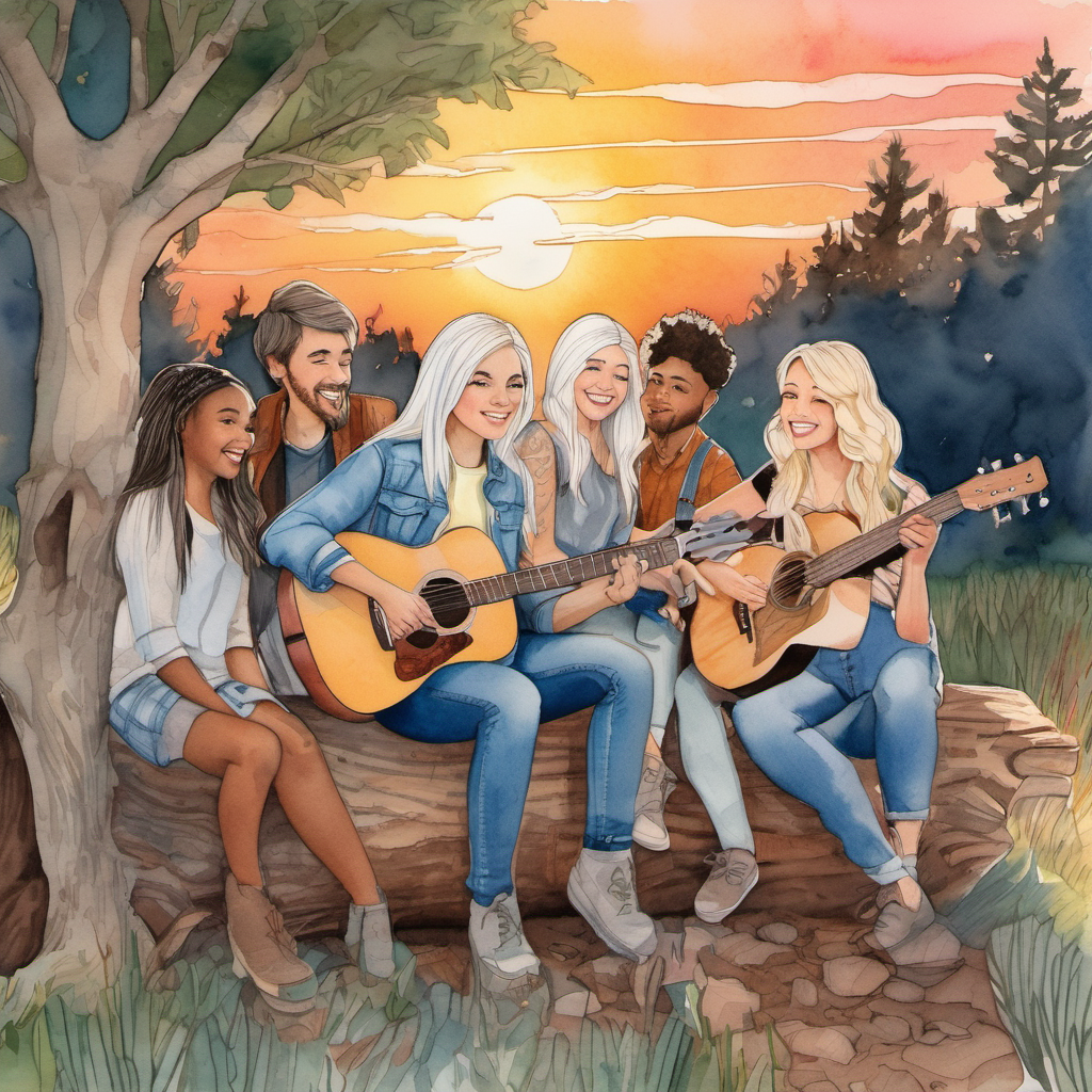 White girl with white hair and sparkly blue eyes sitting on a tree stump with her new friends, the girls with tan skin, and the men playing guitars. The illustration has a sunset background to show the end of the day.