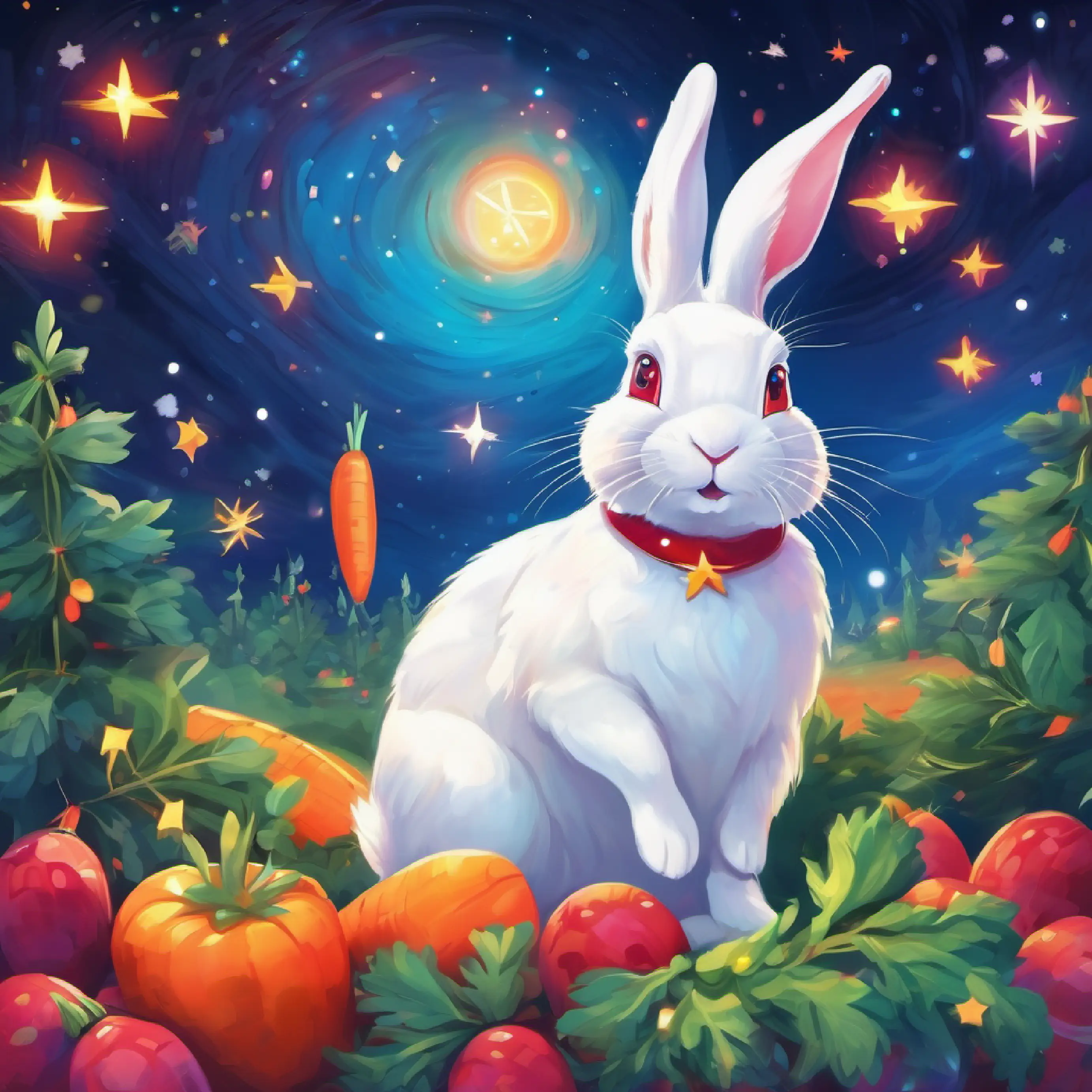 Ruby: A joyful white rabbit with bright blue eyes in a cheerful, colorful land full of carrots and stars.
