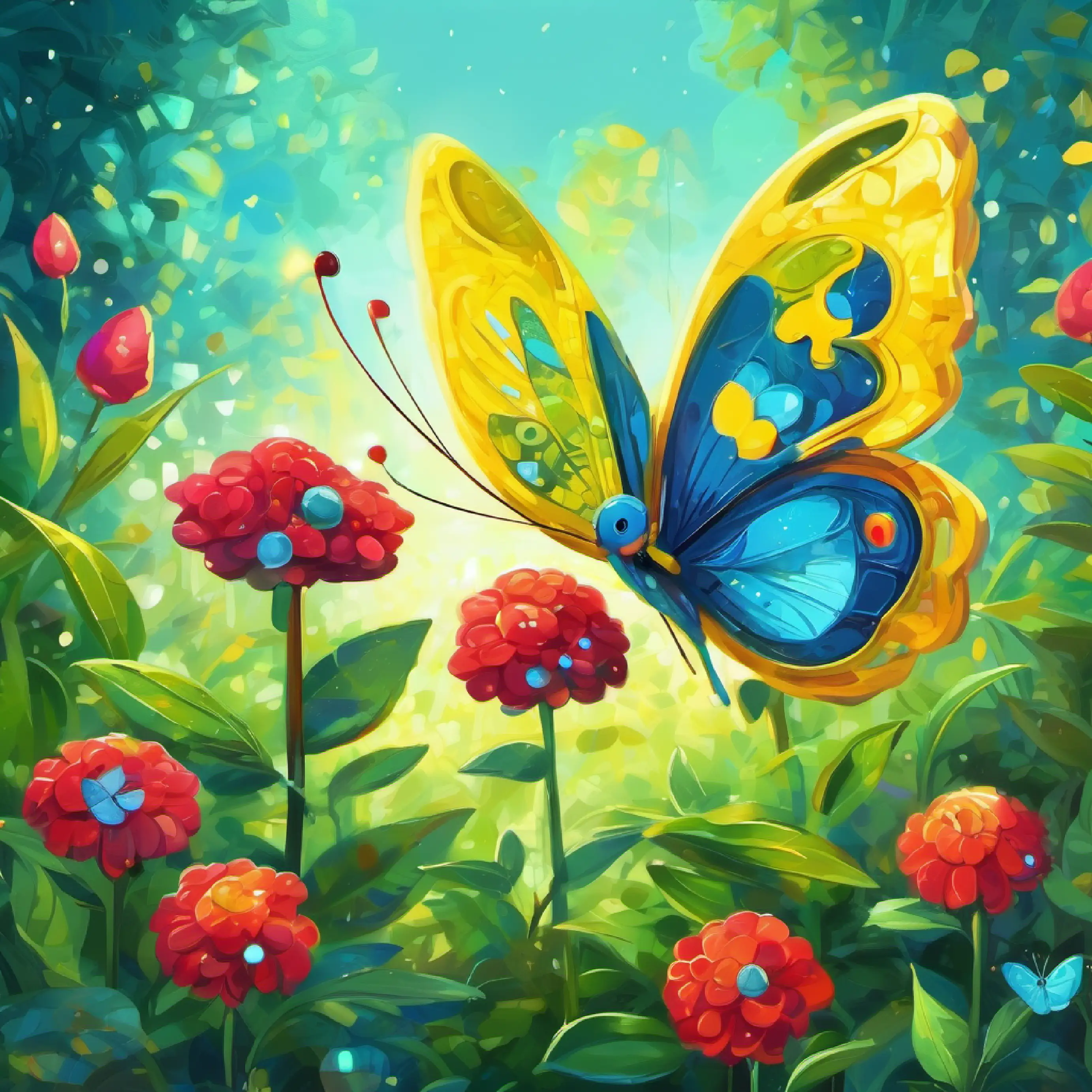 Ruby meets Benny: A curious yellow and blue butterfly with sparkling green eyes in the numbers garden, both puzzled about addition.
