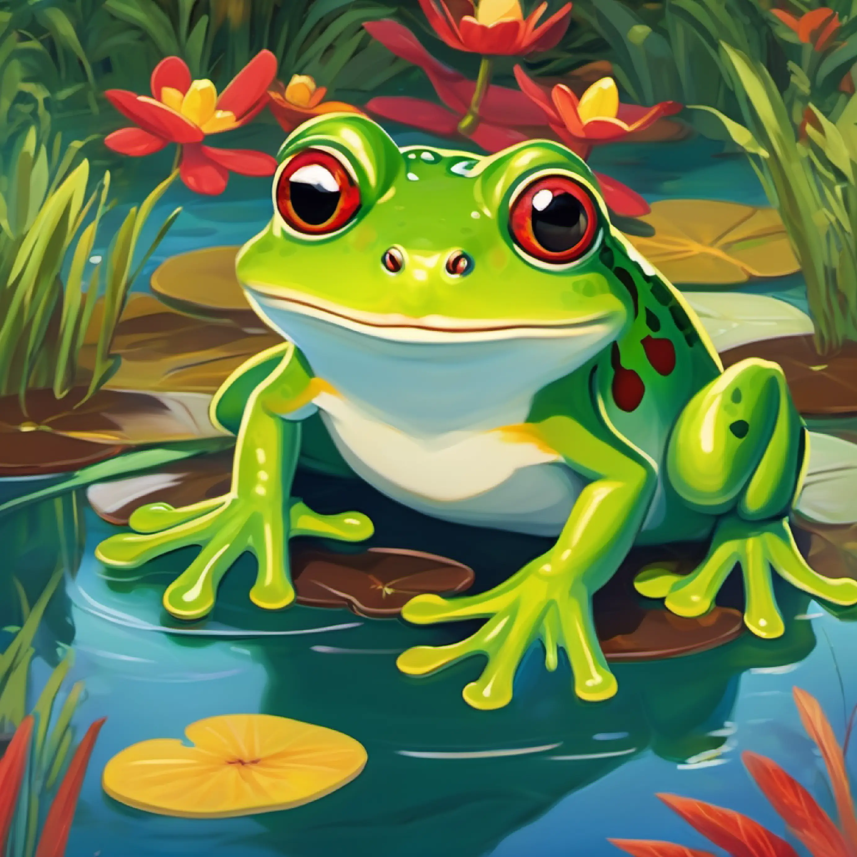 Freddie: A friendly green frog with big brown eyes struggles with subtraction at the pond, Ruby and Benny help.