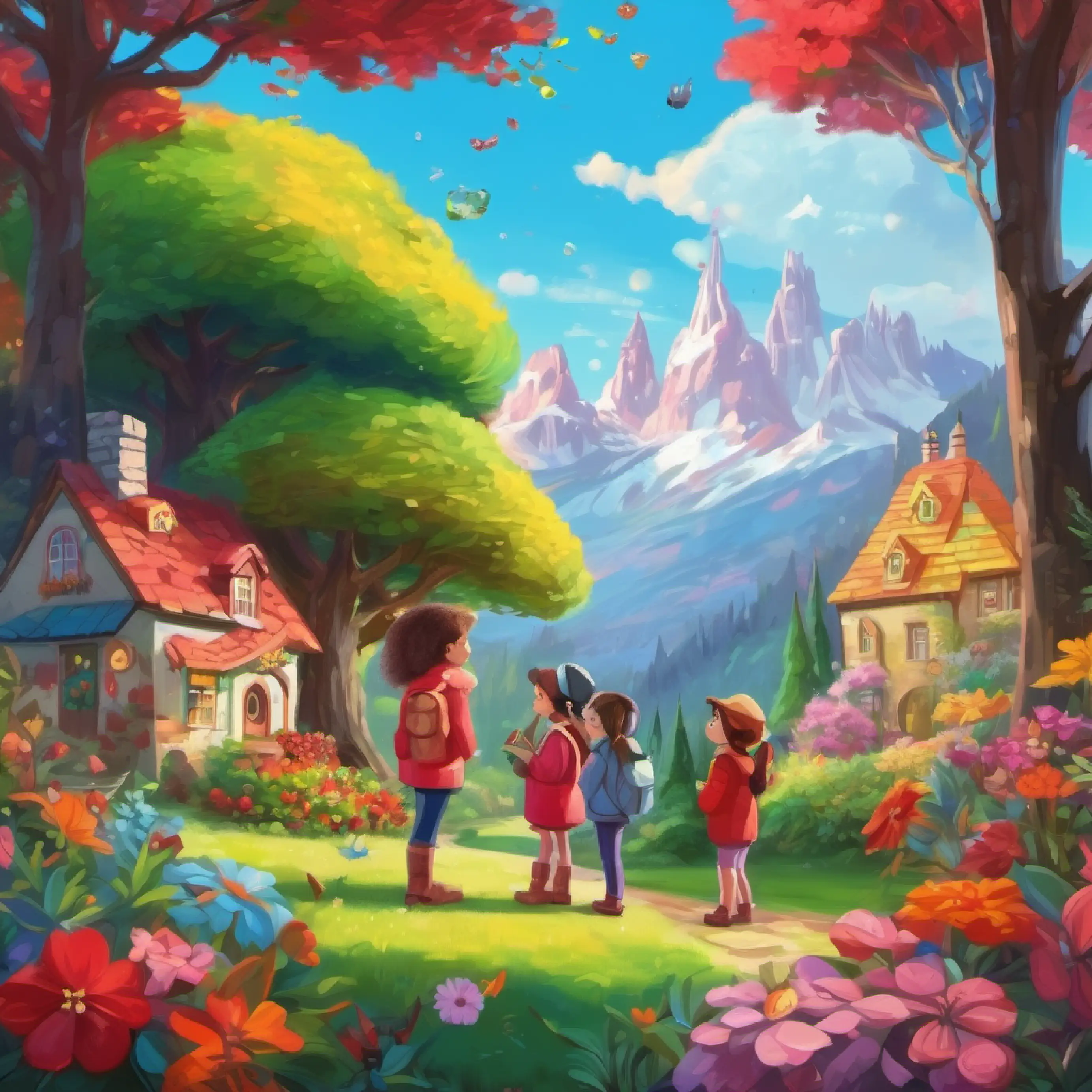Ruby and friends measure the colorful world, comparing sizes of trees and flowers.