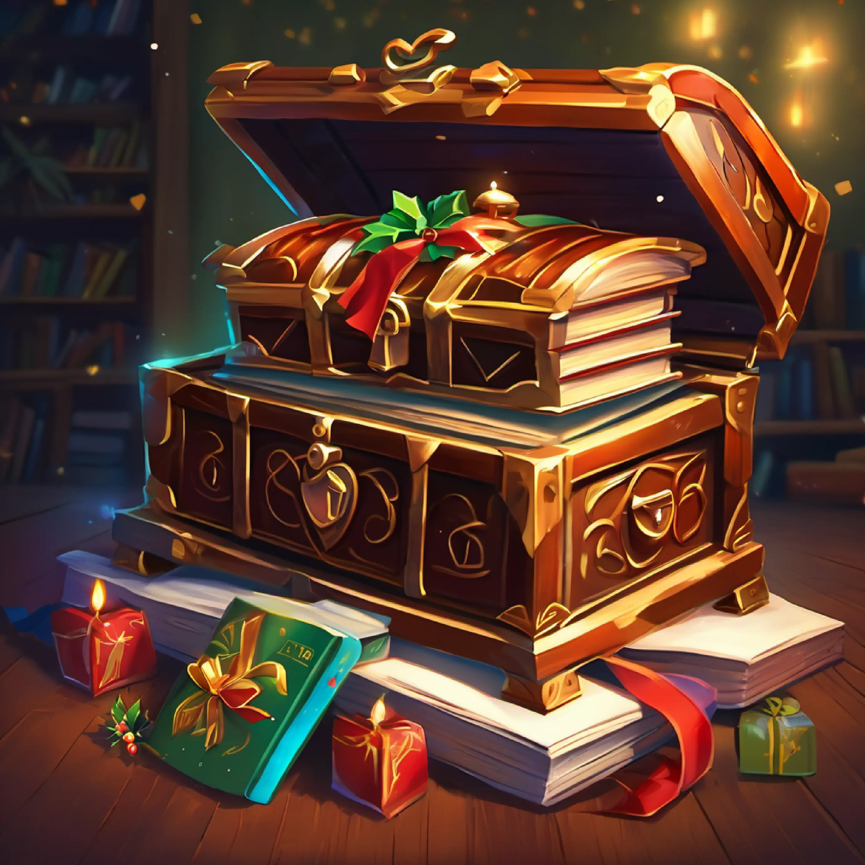 Magical chest at the peak filled with books unlocking math knowledge for everyone.