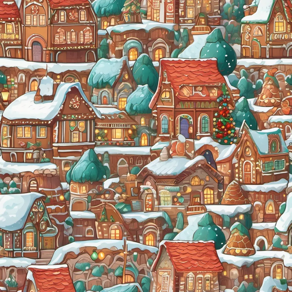 A whimsical village covered in snow with gingerbread houses and festive decorations