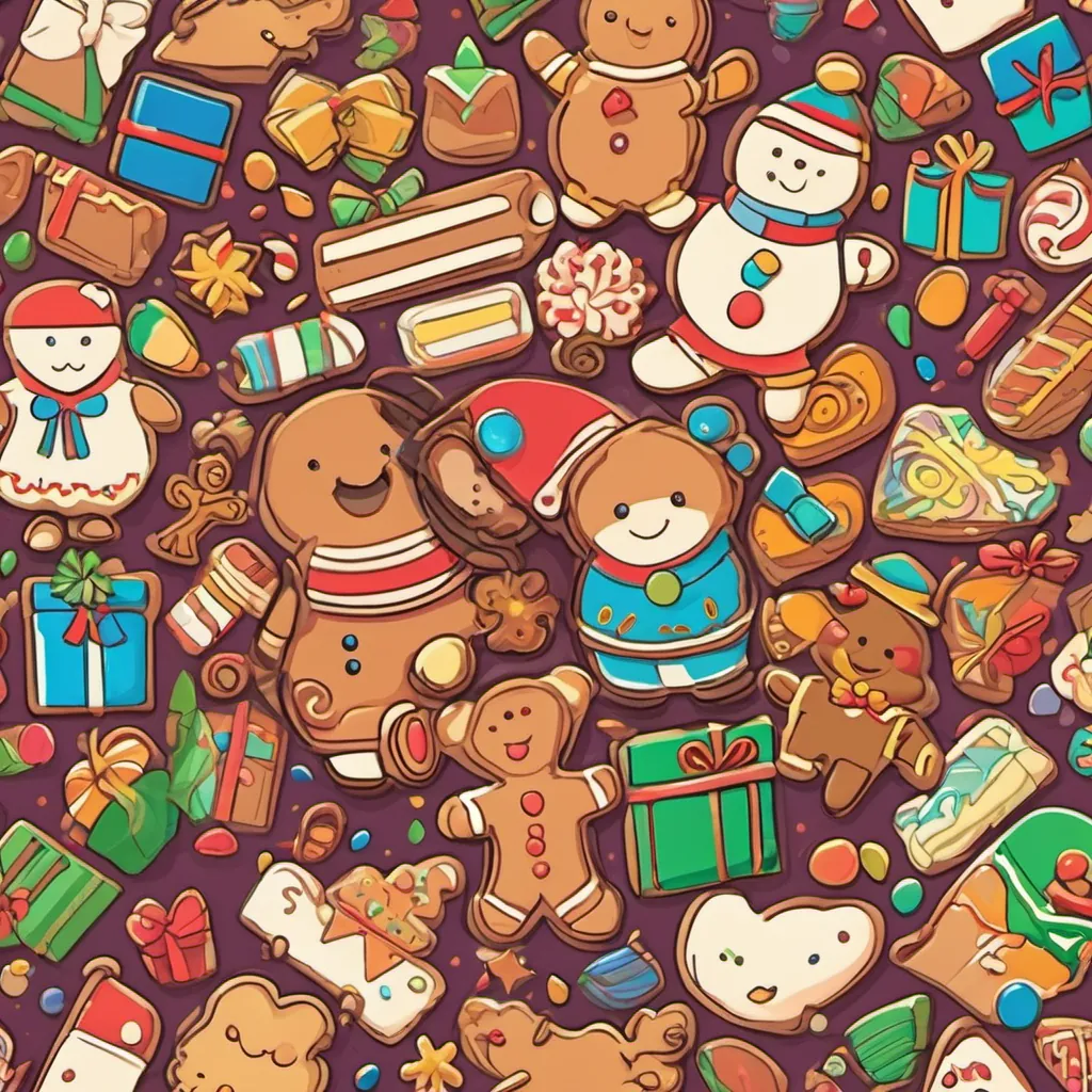 A gingerbread cookie surrounded by presents and friends, expressing immense joy and gratitude