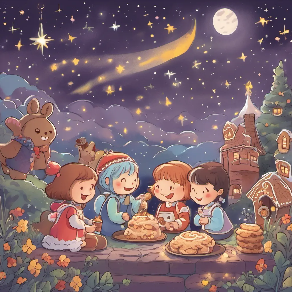 A gingerbread cookie and her friends enjoying a night under the stars, filled with laughter and warmth