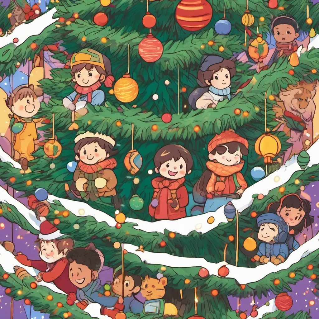 A group of friends gathered around a large festive tree, decorated with lights and ornaments