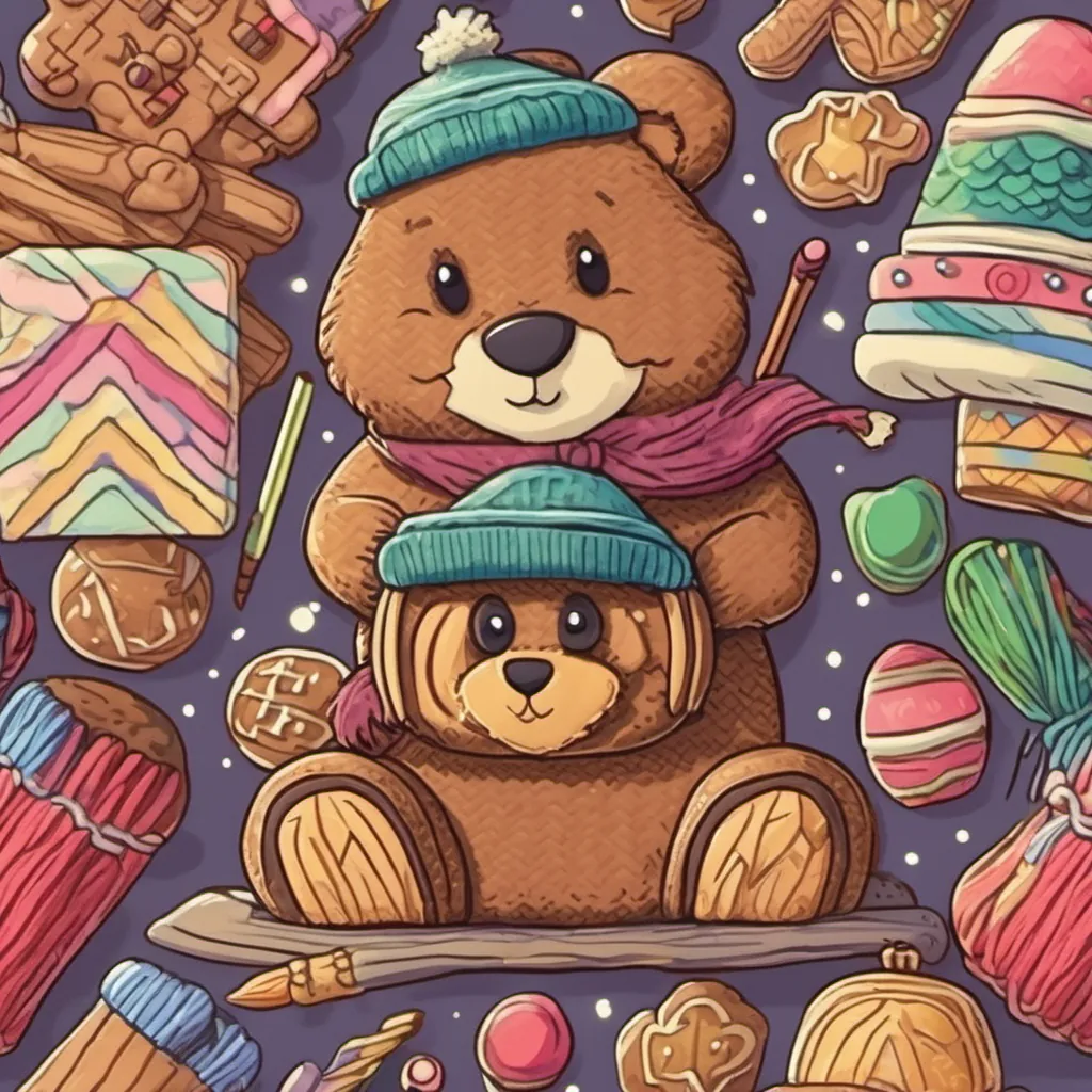 A gingerbread cookie receiving a knitted hat from a woodchuck