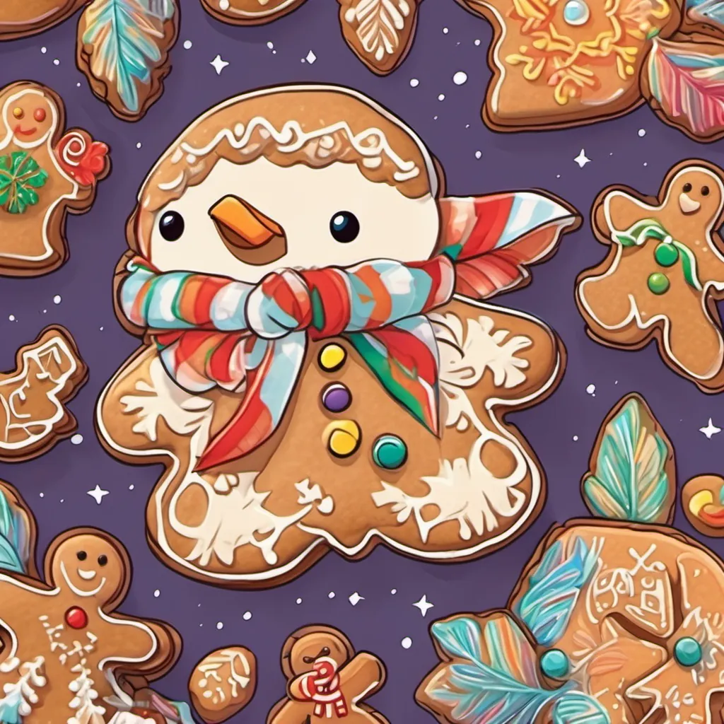 A dove giving a feather-light scarf to a gingerbread cookie