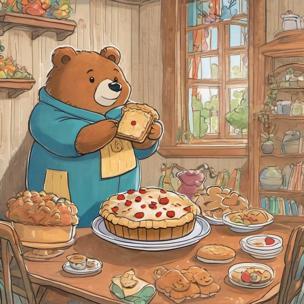 A bear presenting a large, delicious pie to a gingerbread cookie