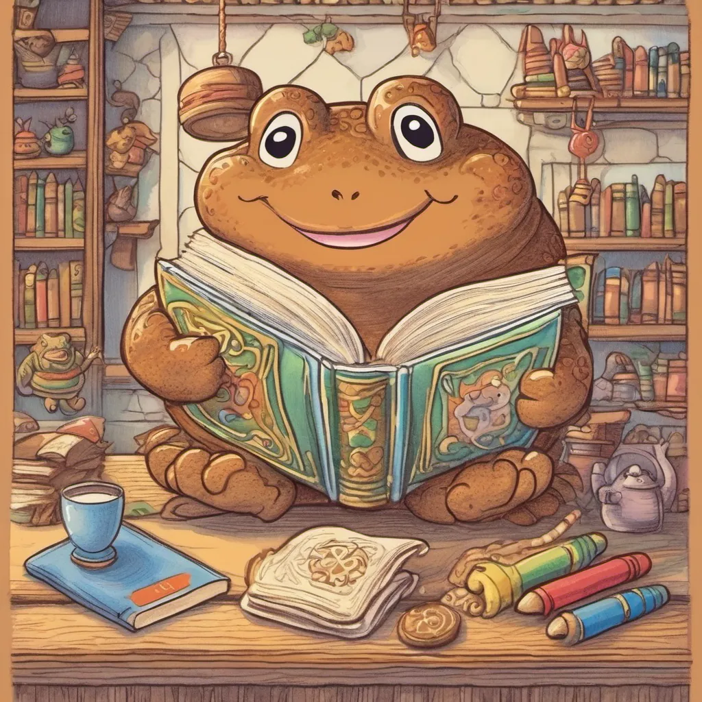 A toad bestowing a book full of funny tales on a gingerbread cookie