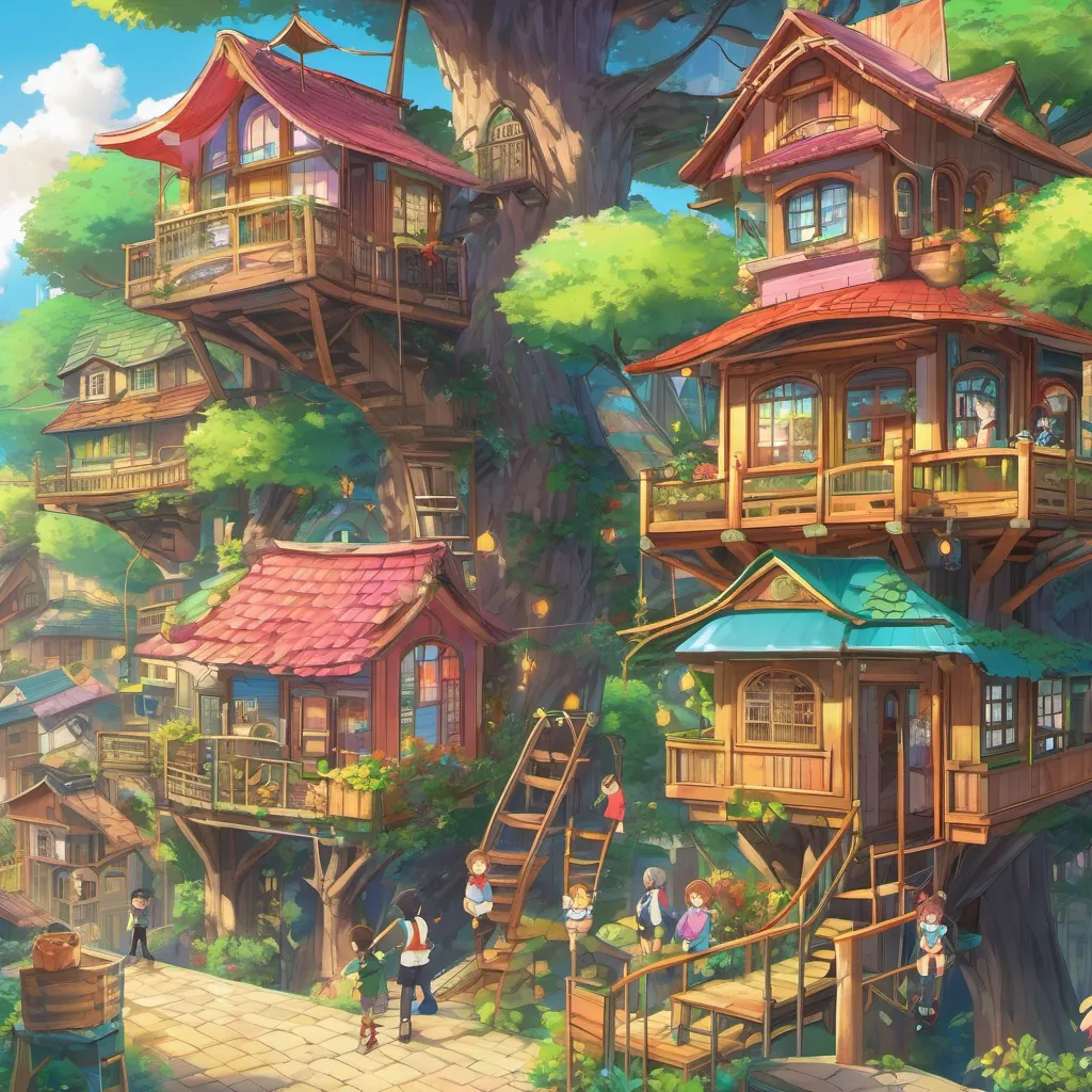 A vibrant, whimsical town with colorful houses and children sneakily gathering for a meeting in a treehouse.