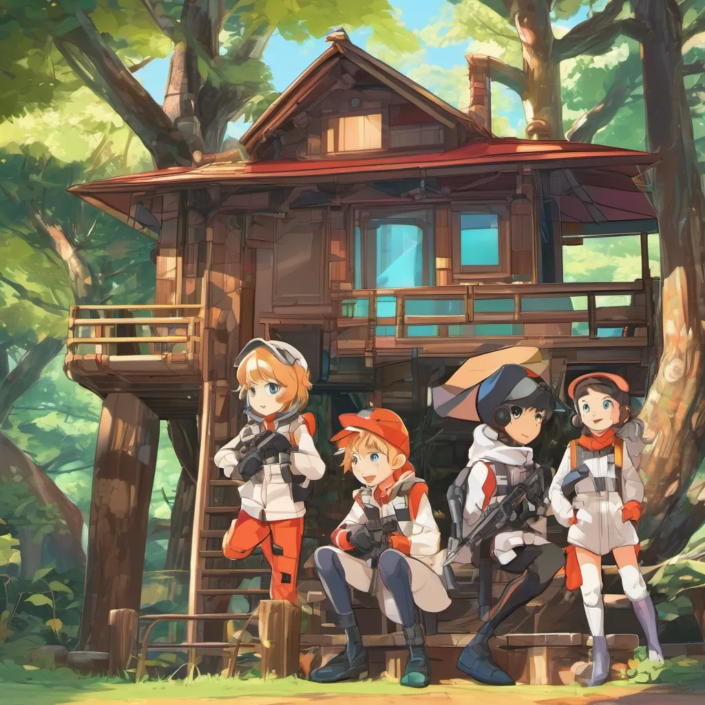 Four kids in spy gear, each with distinctive, playful outfits in a cozy, well-equipped treehouse.