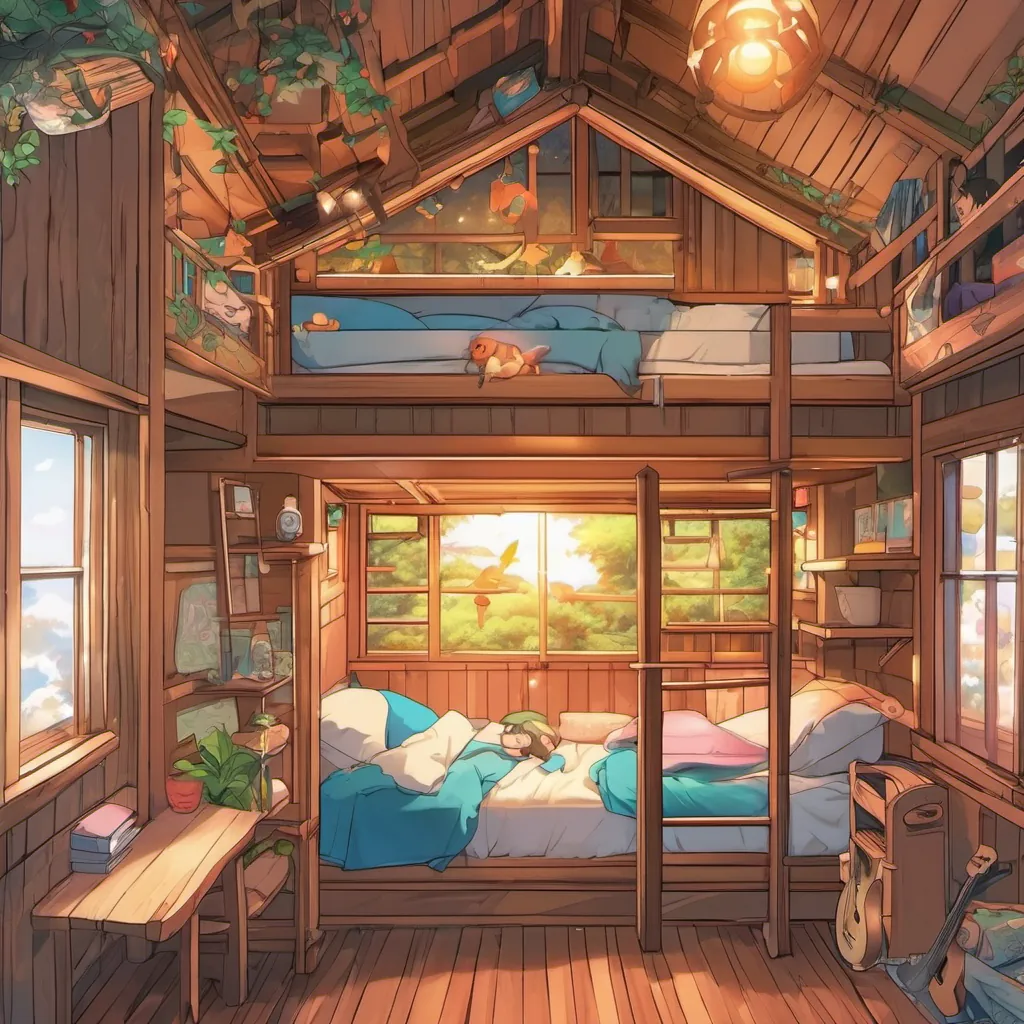 Kids nestled in cozy bunk beds in their treehouse, falling asleep with content smiles.