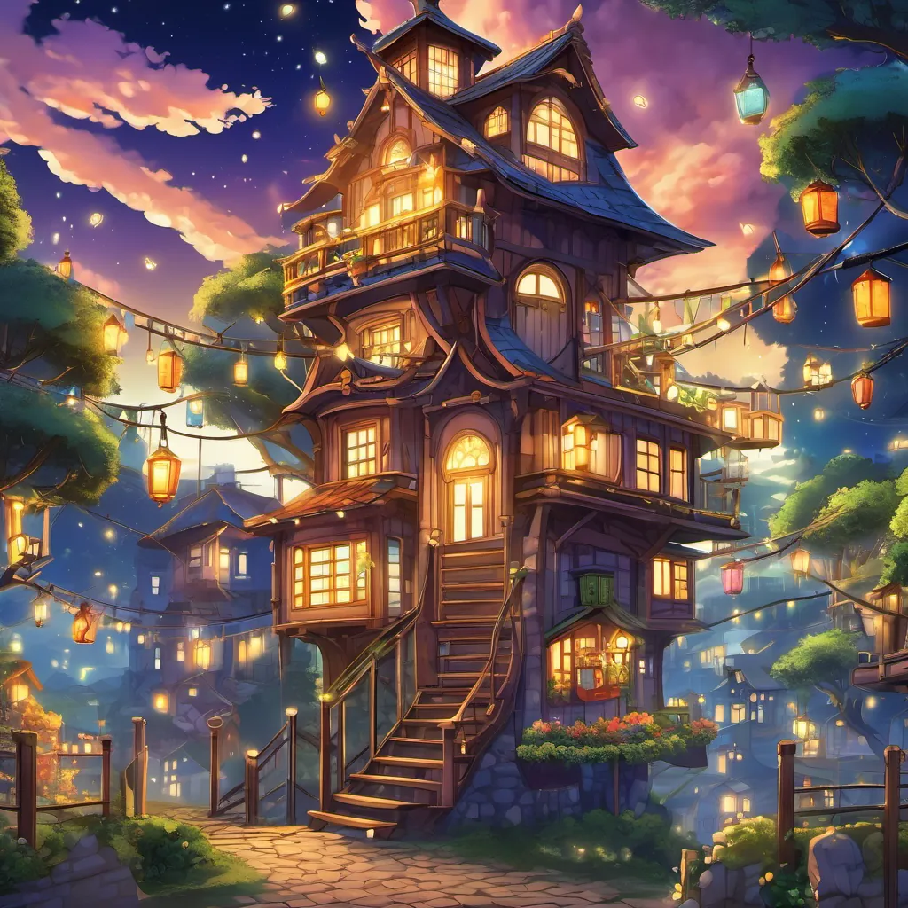 A peaceful, starry night over the whimsical town of Whimsy, with treehouse lights glowing faintly.