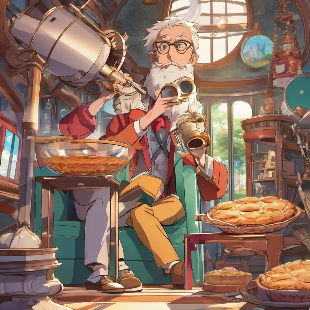 Tim peeking through a whimsical telescope at an eccentric man holding a pie, looking suspicious.