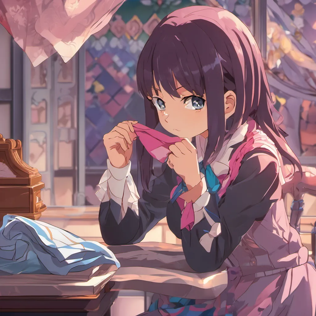 Susie intensely examining a delicate handkerchief with a thoughtful look.