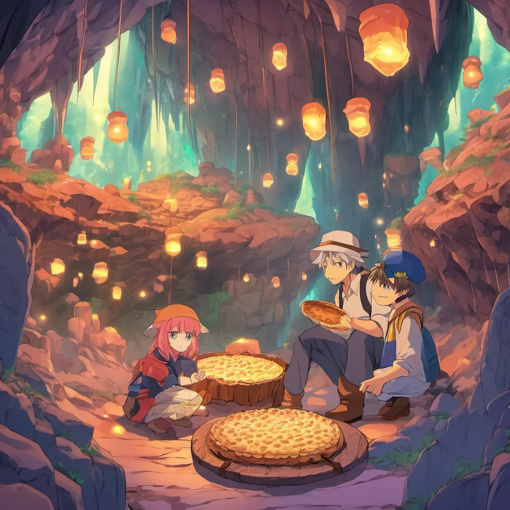 A cozy cave illuminated with whimsical, glowing stalactites and Uncle Jim holding his pie, frowning.