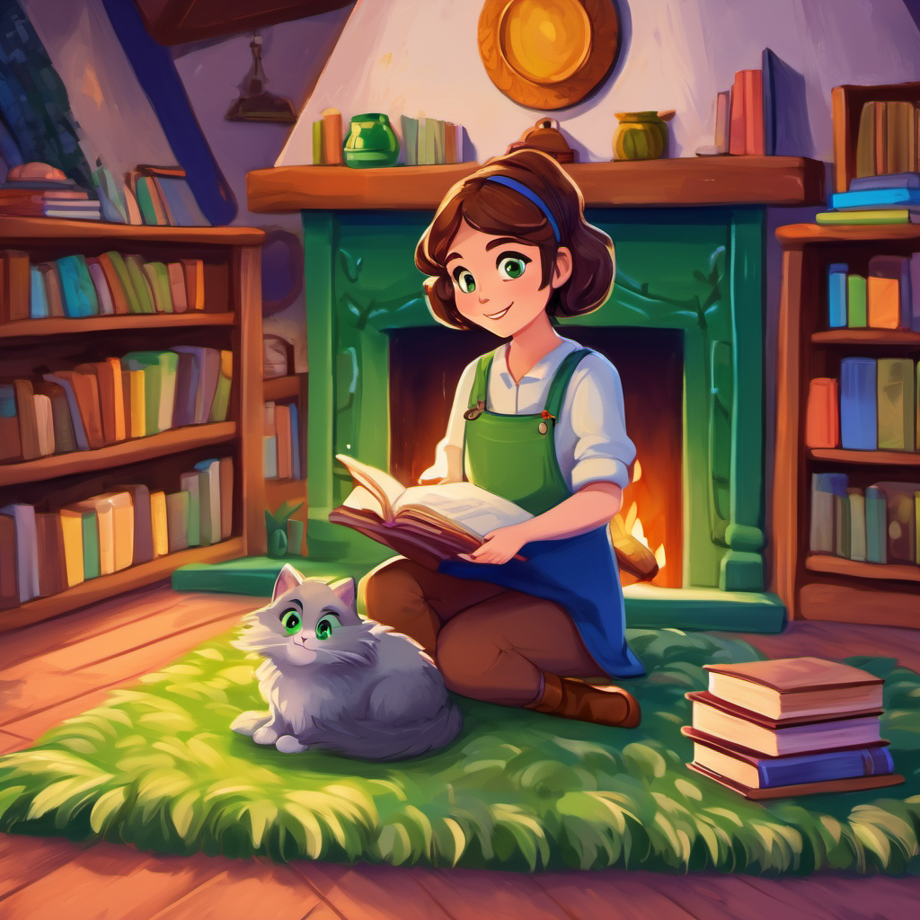 Lila has brown hair, green eyes, and a friendly smile and Theo is a small, fluffy creature with bright blue fur and sparkling green eyes are sitting on a colorful rug in their cozy cottage, surrounded by books and a fireplace.