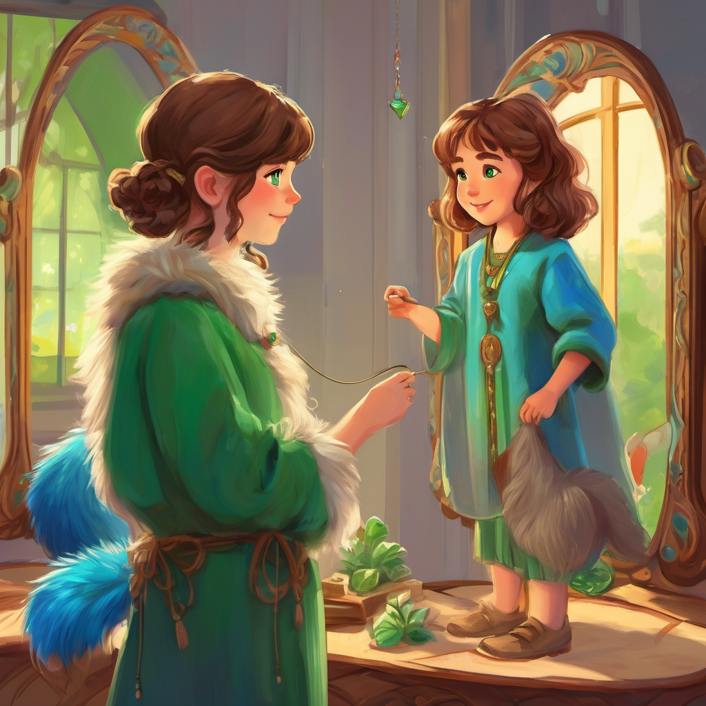 Lila has brown hair, green eyes, and a friendly smile is standing by a mirror, putting on her telepathy necklace, while Theo is a small, fluffy creature with bright blue fur and sparkling green eyes eagerly waits by her feet.