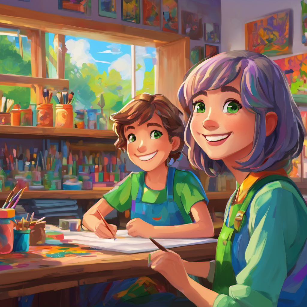 Lila has brown hair, green eyes, and a friendly smile is sitting in a colorful art studio, admiring Mia is a young artist with wild, colorful hair and paint-stained hands's vibrant paintings. Mr Smith is a kind shopkeeper with gray hair and merry blue eyes is behind a counter, smiling and singing.