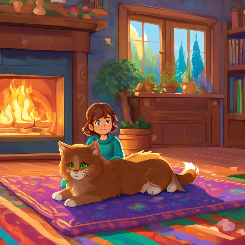 Lila has brown hair, green eyes, and a friendly smile and Theo is a small, fluffy creature with bright blue fur and sparkling green eyes are snuggled up on the colorful rug by the fireplace, ready for sleep. The room is bathed in warm, golden light from the setting sun.