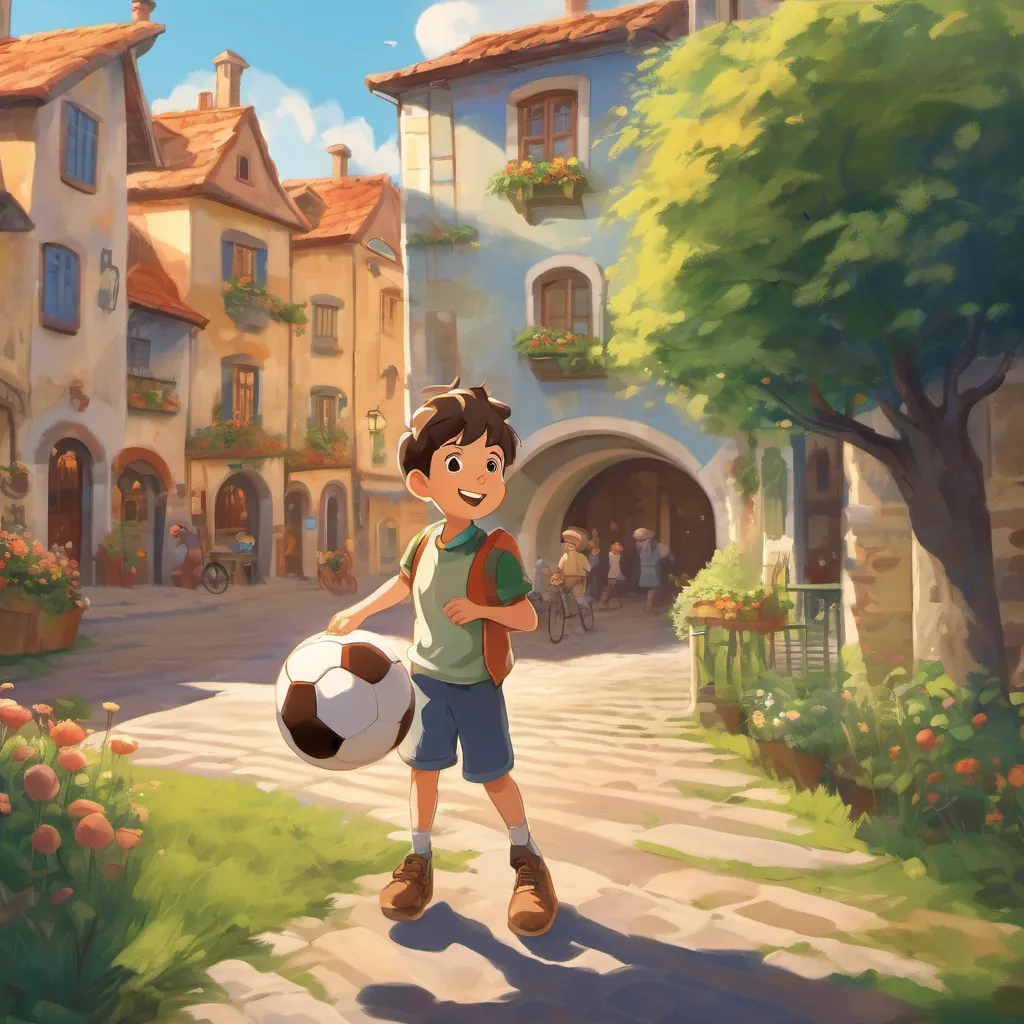 A young boy with an enthusiastic expression, holding a football under the bright sun in a cartoonish and whimsical town setting.