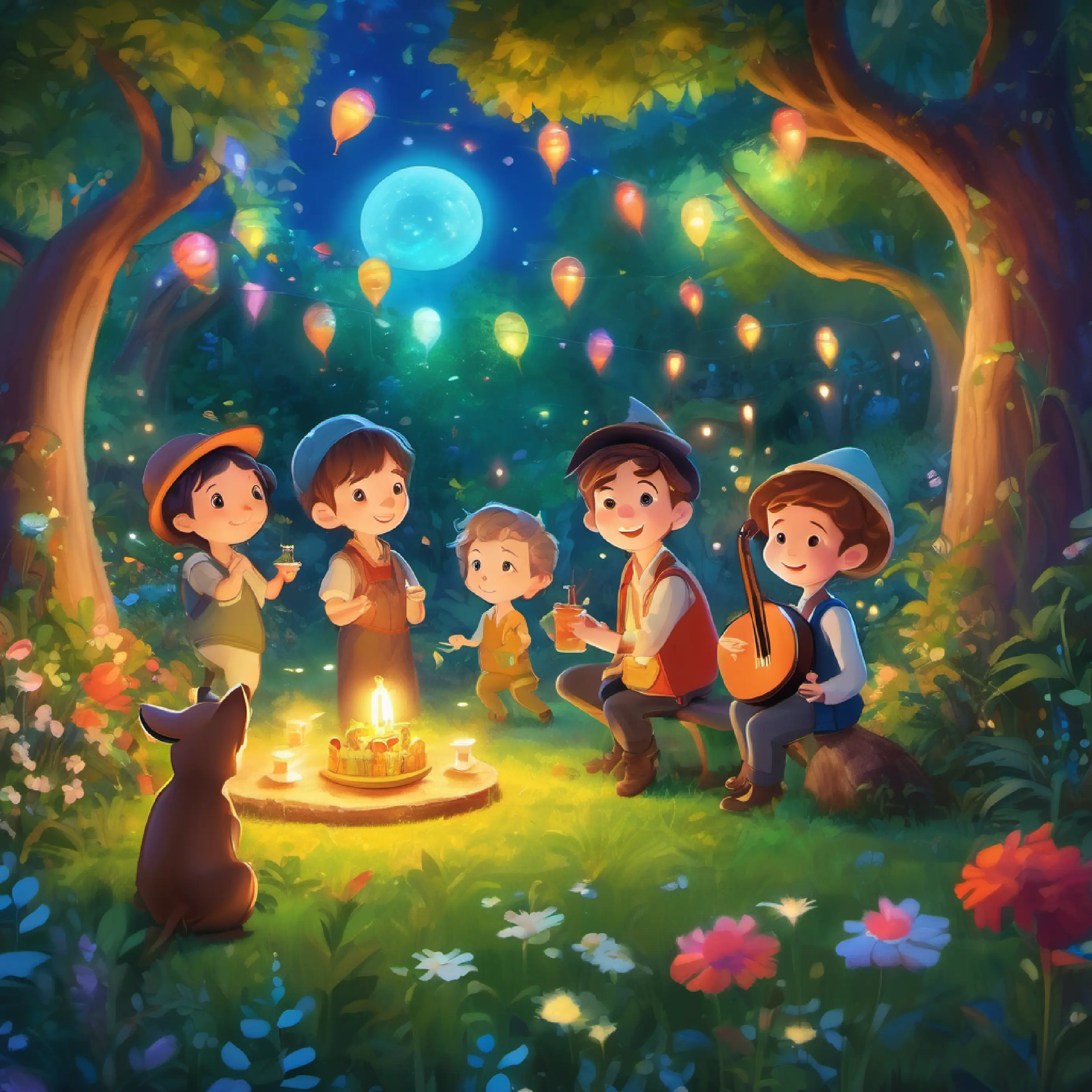 Timothy enjoys the party with new friends in the magical garden.