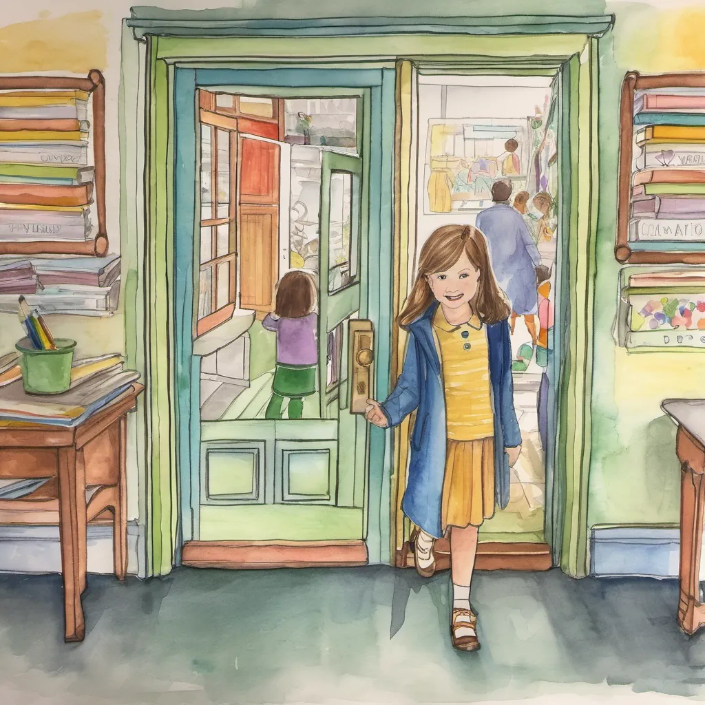 A colorful classroom filled with posters, books, and children's drawings. Millie standing at the door, a bit nervous but excited.