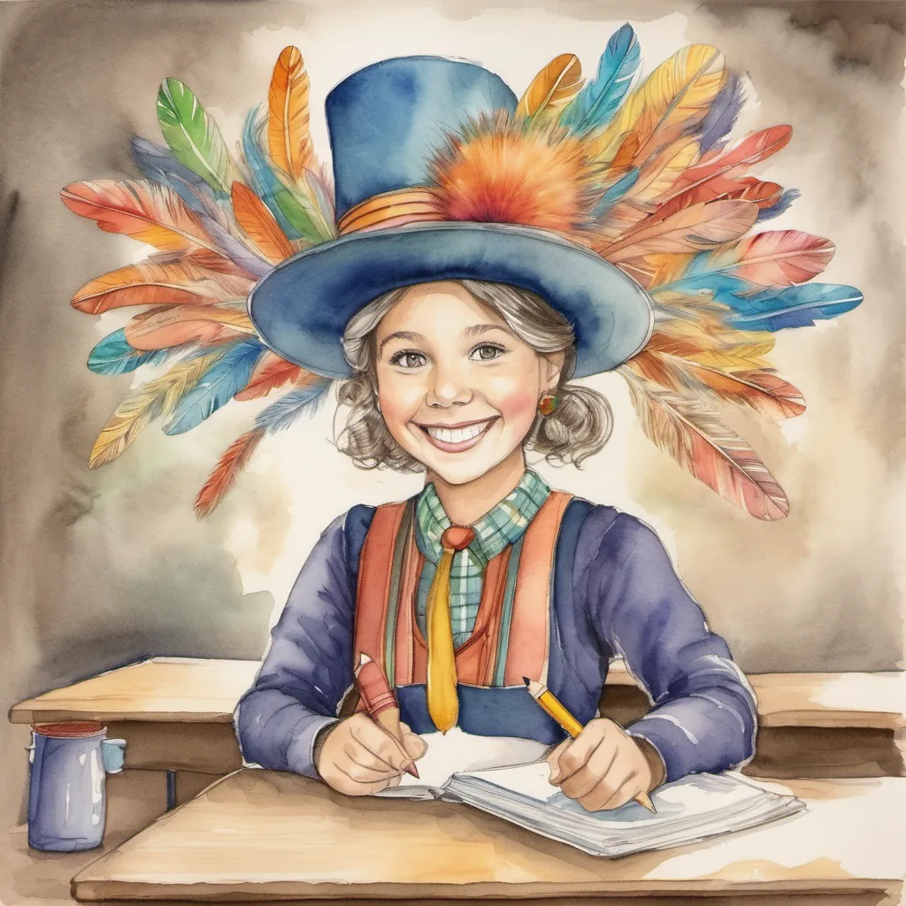 A whimsical teacher with twinkling eyes and a hat full of feathers, always smiling standing at the front of the classroom with a quirky, colorful hat, smiling warmly at the kids.