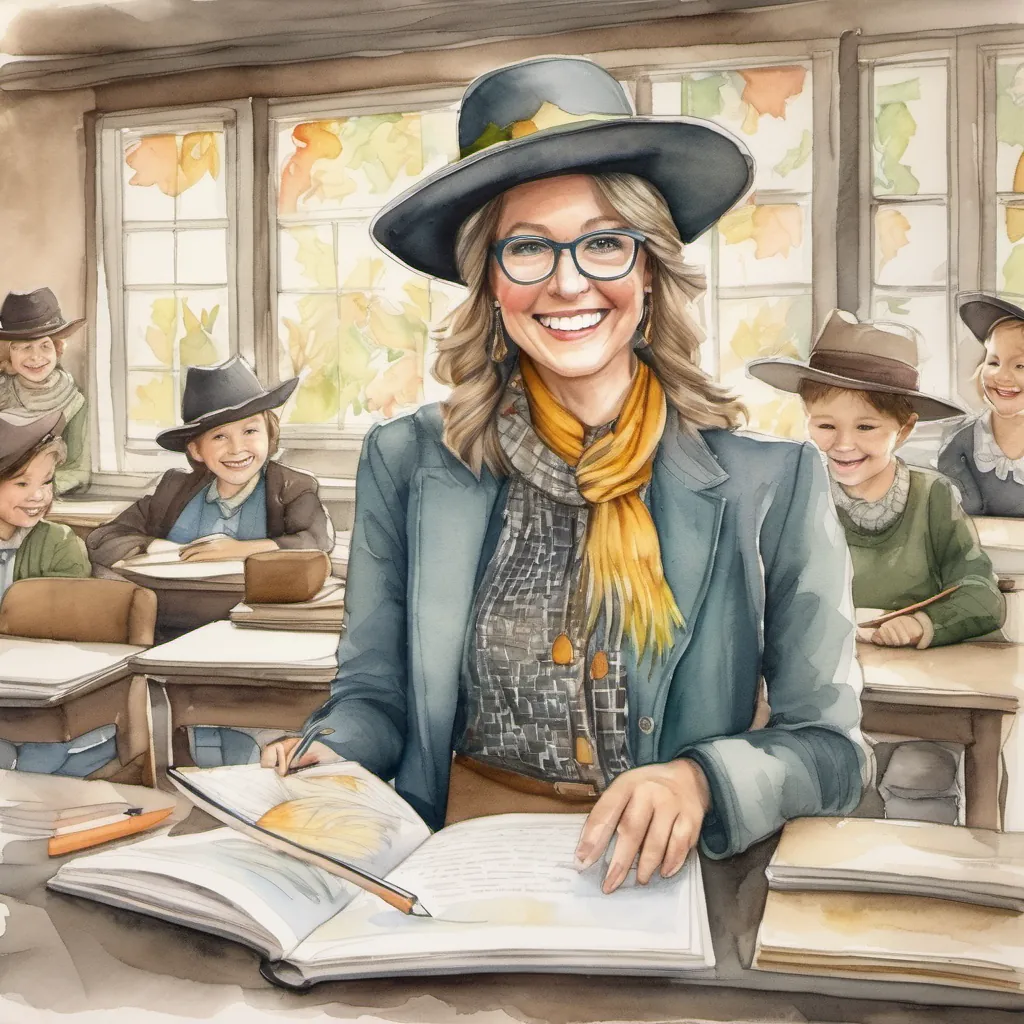 A whimsical teacher with twinkling eyes and a hat full of feathers, always smiling addressing the class with a loving and encouraging smile.