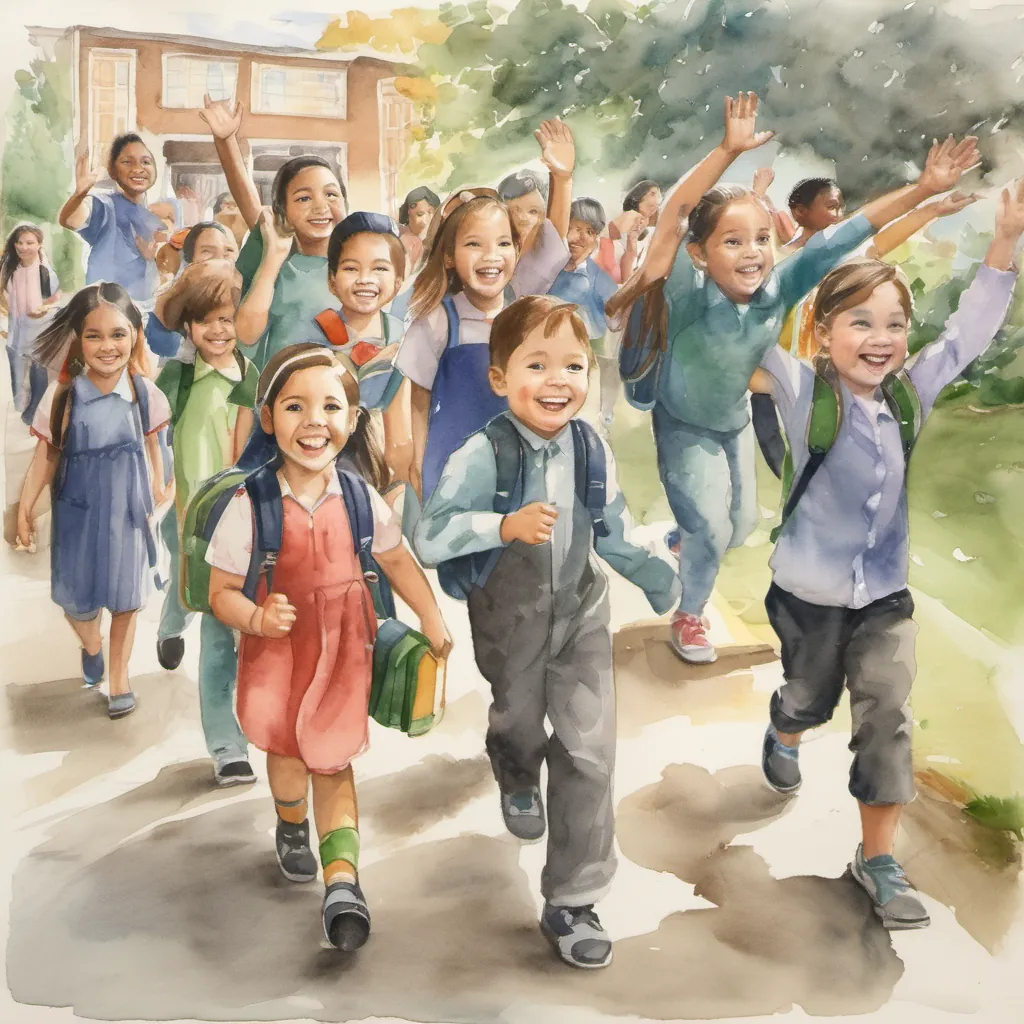 Children leaving the classroom, waving and smiling as they go home.