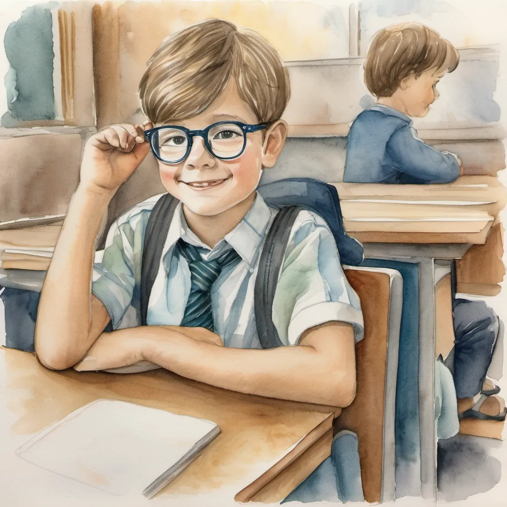 A shy boy with glasses and a gentle demeanor, often a bit nervous but very friendly sitting at the back of the classroom looking a bit nervous, waving shyly.