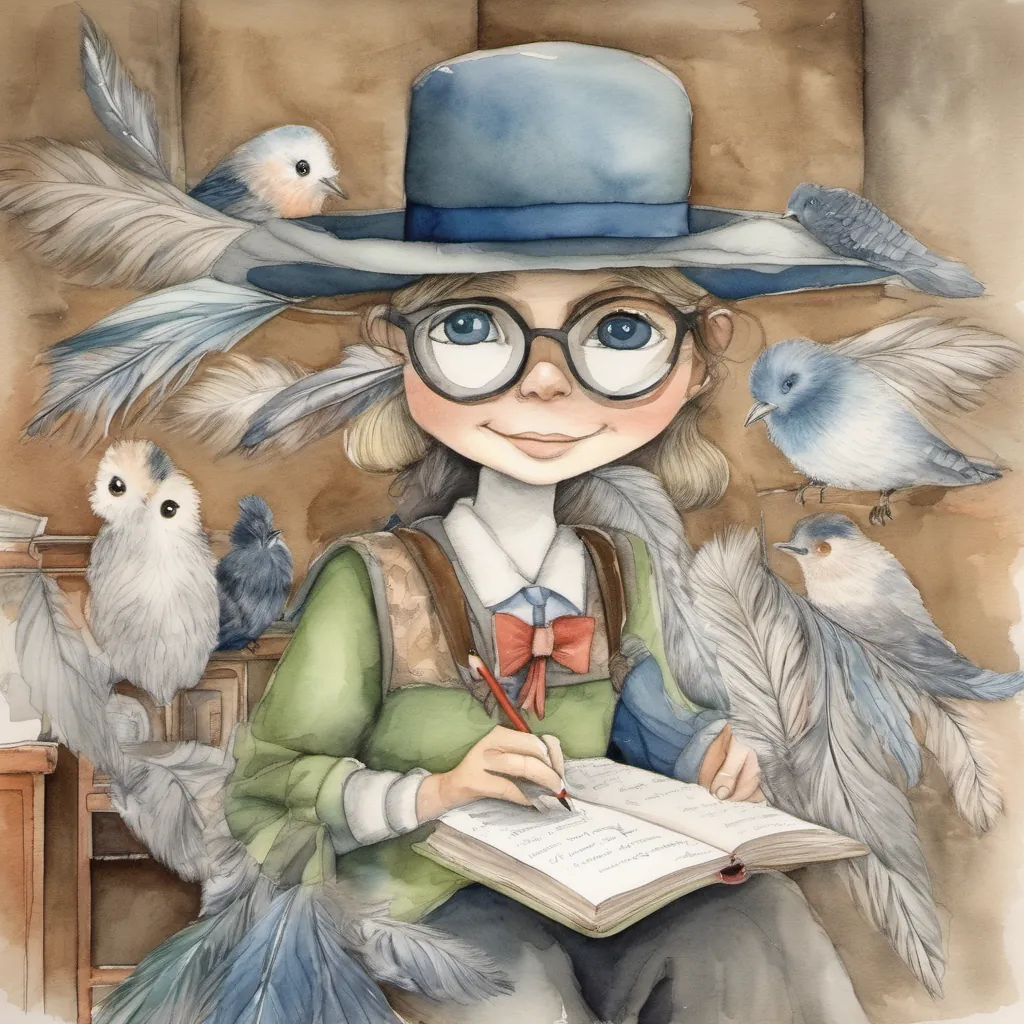 A whimsical teacher with twinkling eyes and a hat full of feathers, always smiling reading aloud to an attentive and engrossed classroom.