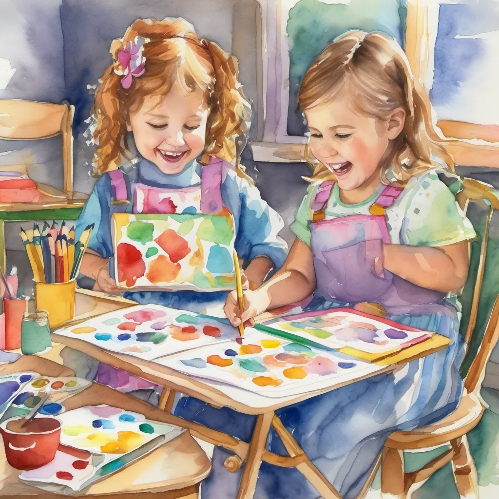 Millie and Sally painting colorful pictures with bright, cheerful laughter.