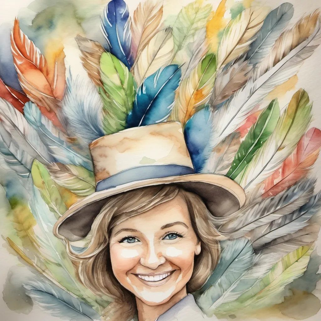 A whimsical teacher with twinkling eyes and a hat full of feathers, always smiling watching the children interact and play with a proud smile.