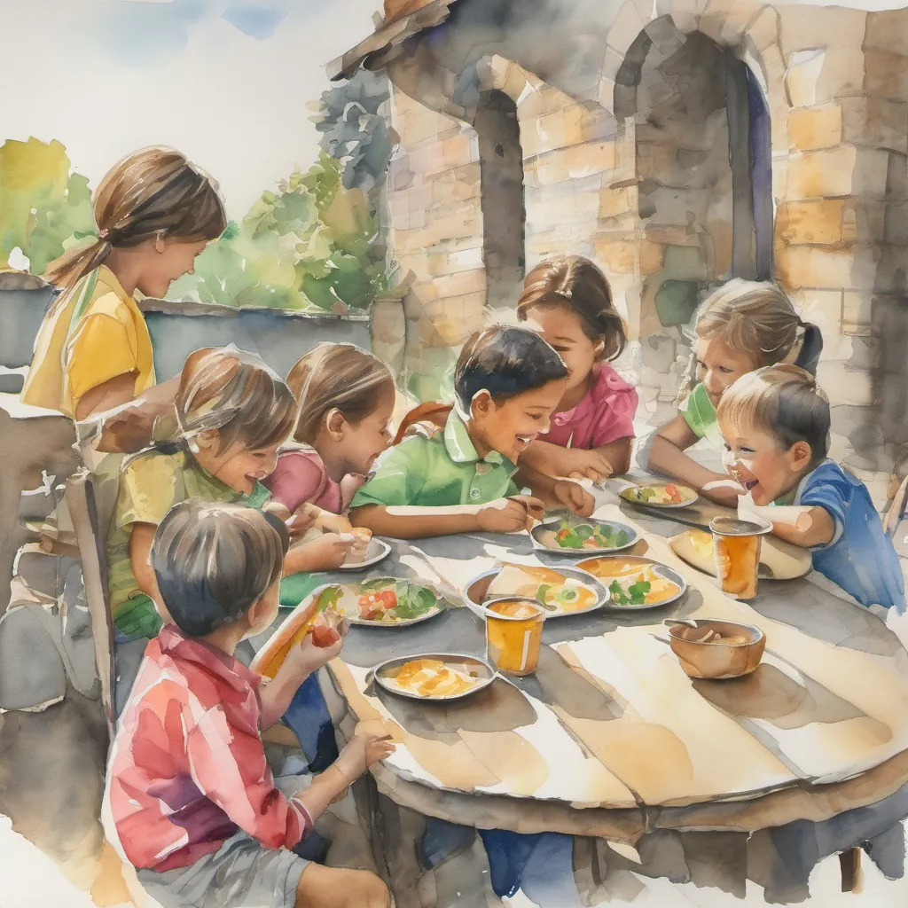 Children sitting together, eating lunch, laughing and sharing stories.