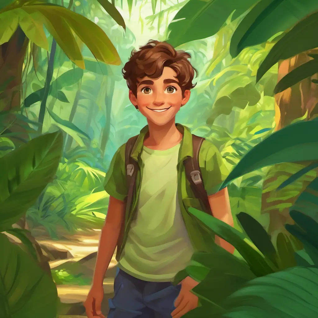 Jungle setting, Energetic boy, brown hair, bright green eyes, always smiling the ESTP boy, colorful and playful atmosphere